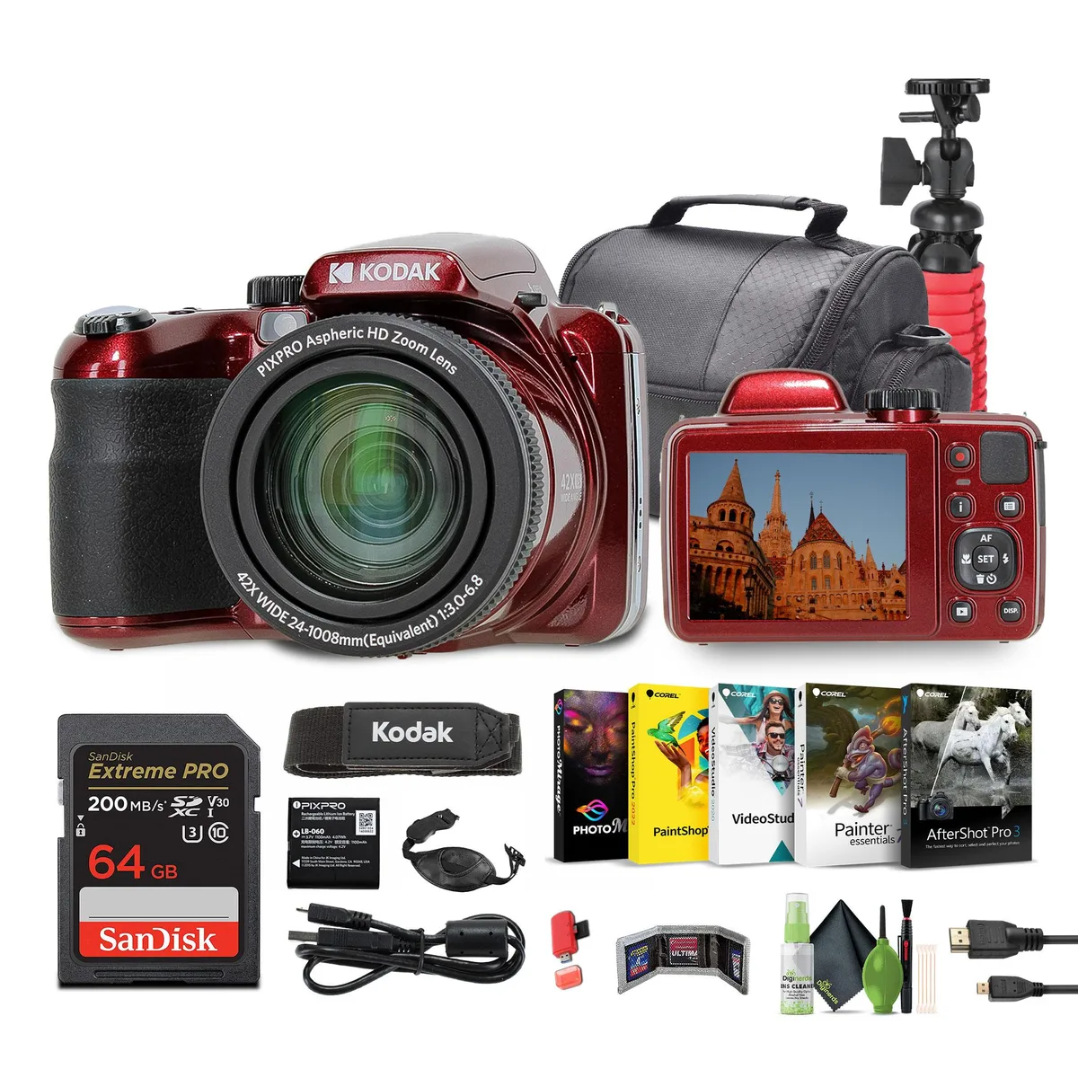 Kodak Kodak PIXPRO AZ425 20MP camera kit red 64GB card 42x zoom 3.0 LCD 1080p video — product photo