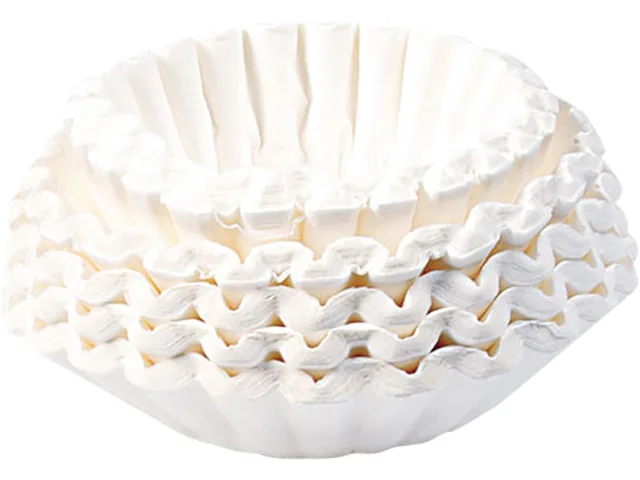 White paper coffee filters in a flat-bottom stack, 12-cup size, 250 count