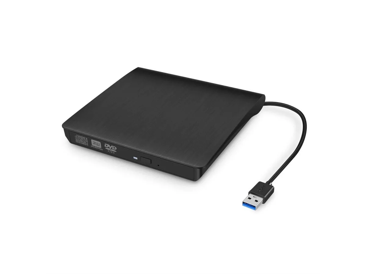 Black ultra-slim external DVD burner with embedded cable, 5.81 by 5.58 by 0.74 inches, 304 grams