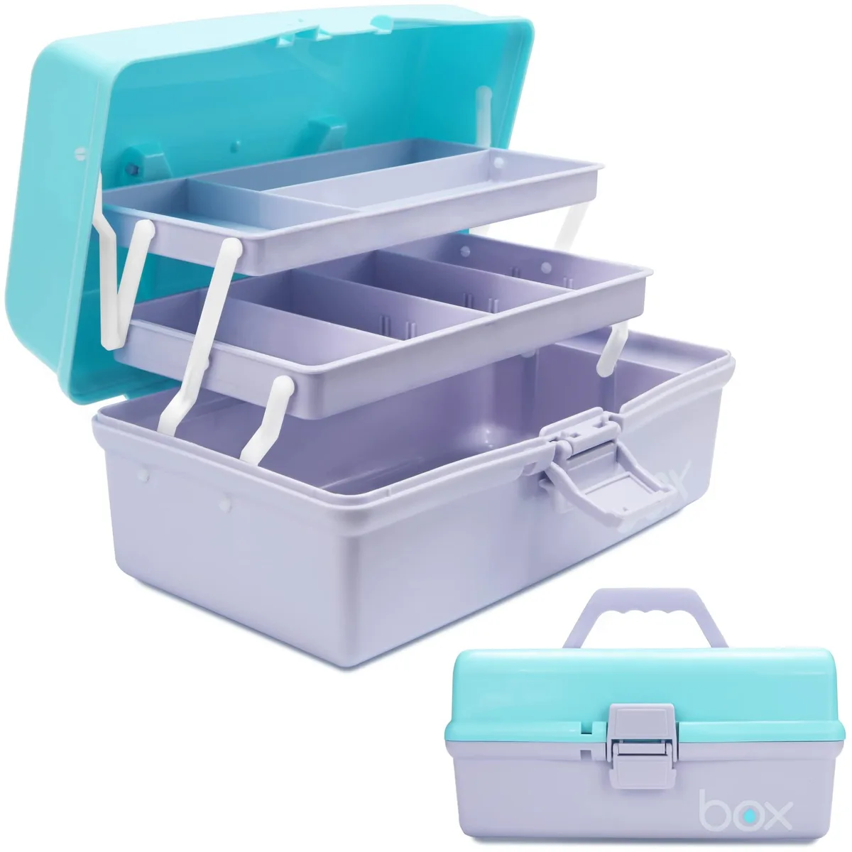 Purple-blue polypropylene box, 12 inches, three hinged layers, handle, latch, adjustable dividers