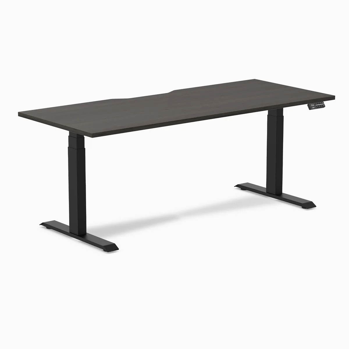 Desky Desky Dual Scalloped Laminate Sit Stand Desk Burnished Wood Matte Black 70.9 x 29.5 in — product photo