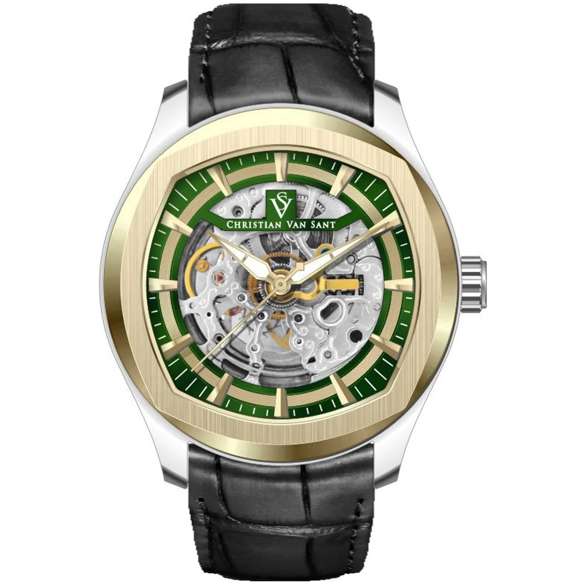 Green dial watch with stainless steel case and leather strap