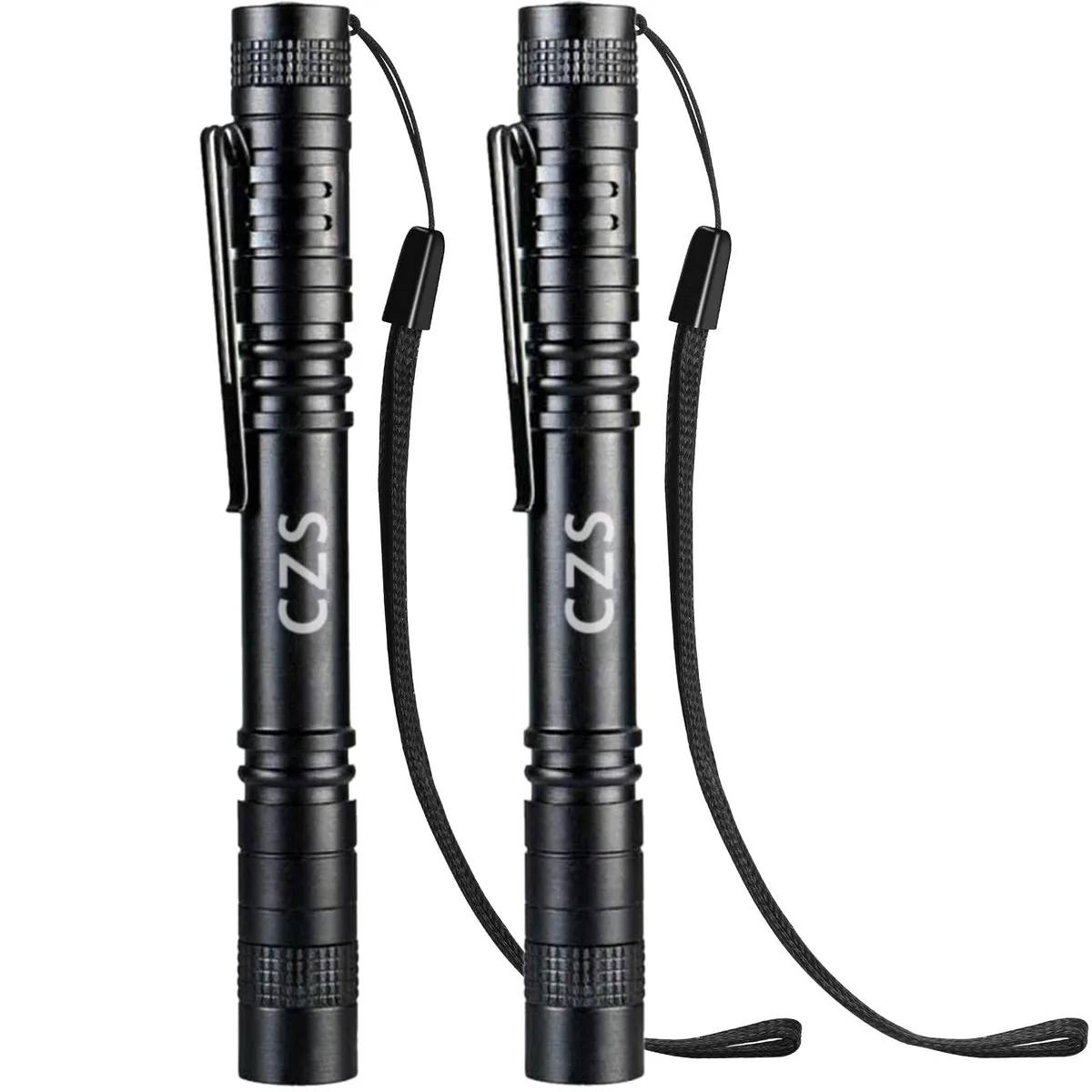Two silver aluminium pen lights 5.1 in 35 g each with pocket clips
