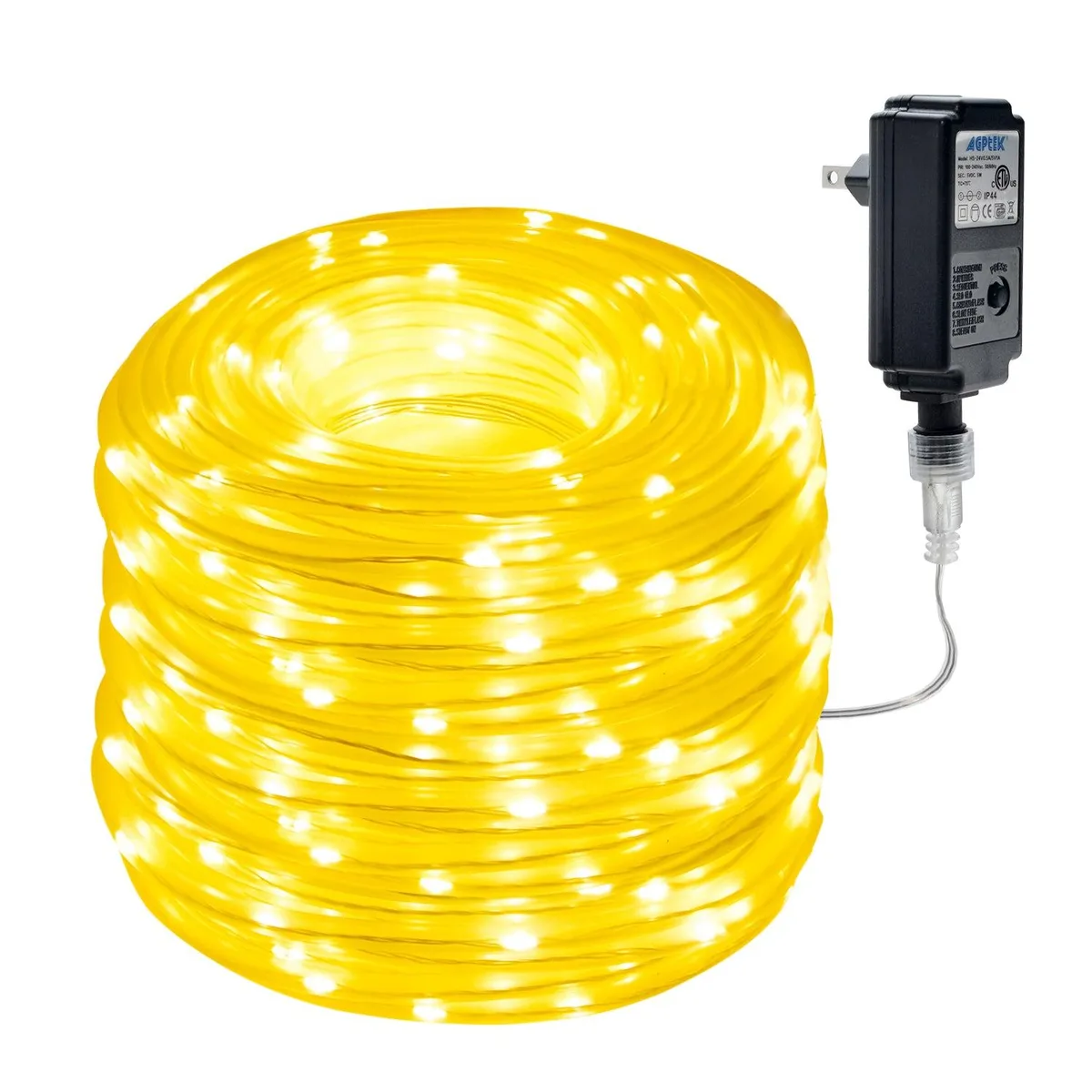 Warm white LED rope light on transparent flexible PVC tube with inline controller