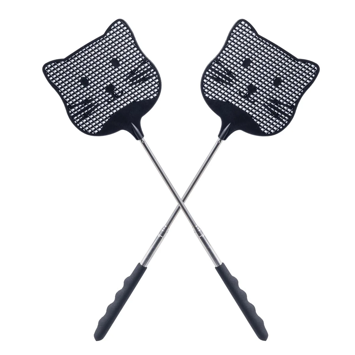 Two black cat-shaped fly swatters with telescopic handles extended from 12 to 25 inches