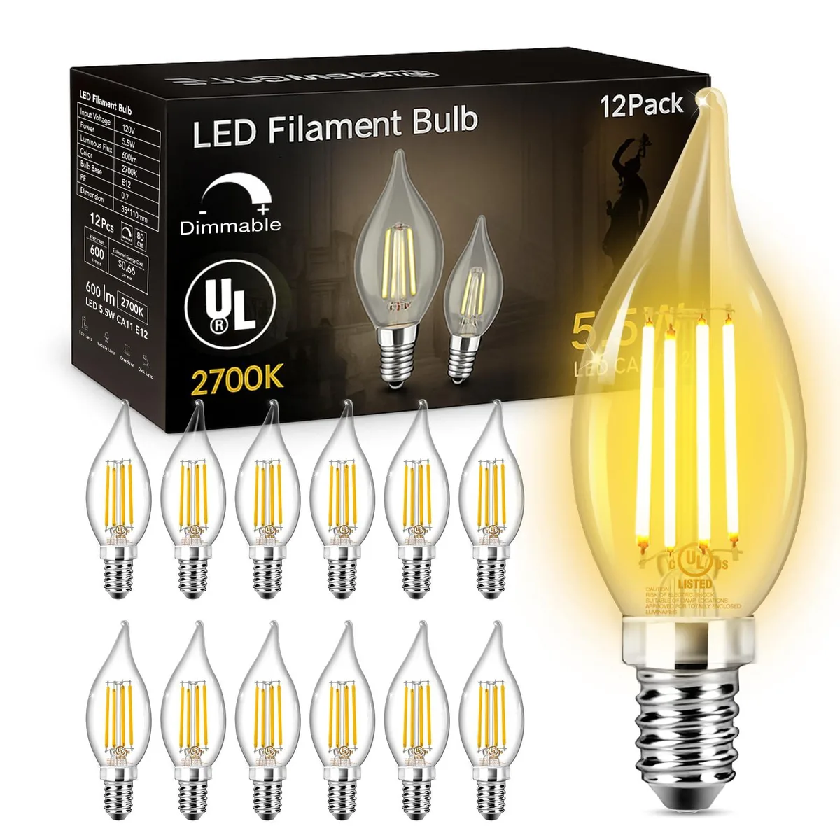  Baldwin 12 Pack E12 LED Candle Bulb 5.5W 600lm 2700K Dimmable Flame Tip — product photo