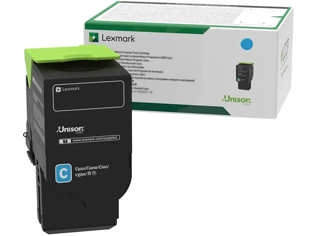 Rectangular cyan Lexmark toner cartridge in sealed packaging