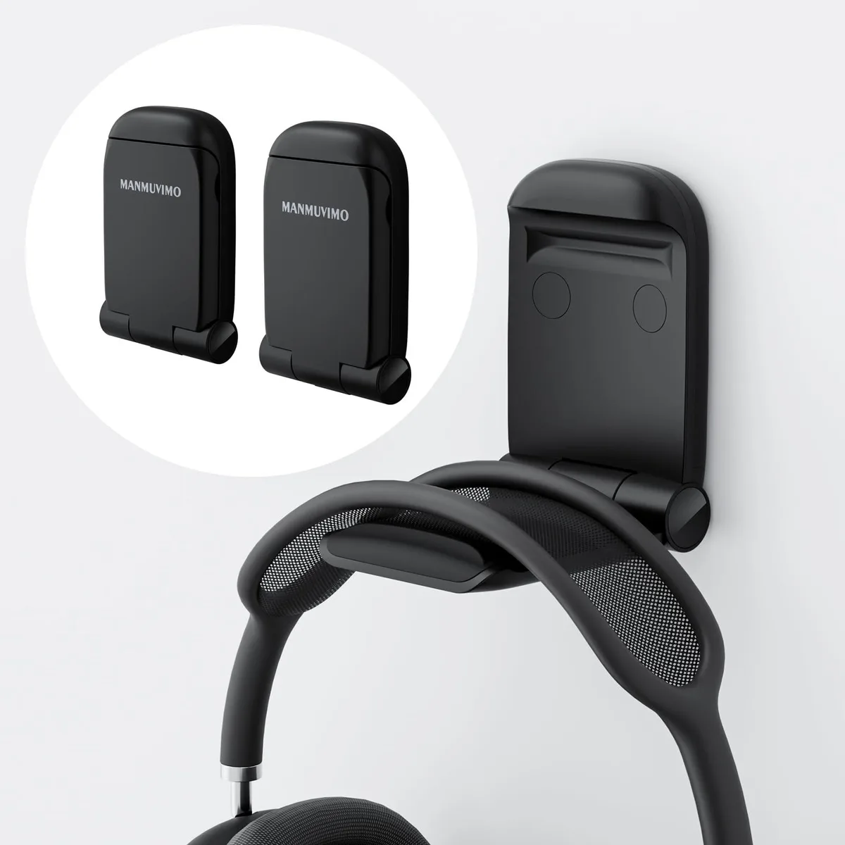 Two black plastic foldable headphone stands with silicone pads and adhesive backing
