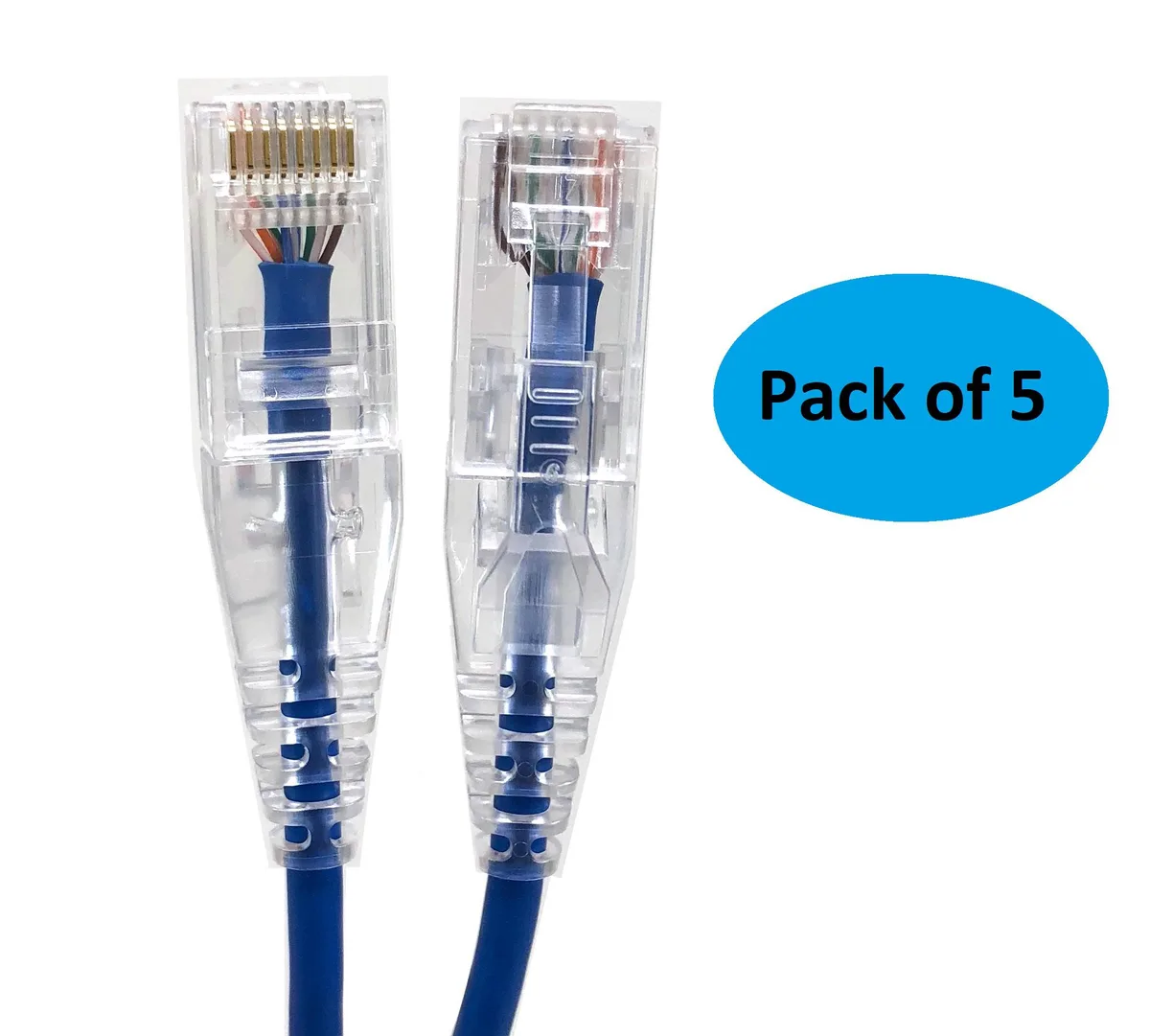 Micro Connectors Micro Connectors CAT6A Ultra Slim 7 ft Blue 5-Pack 28AWG — product photo