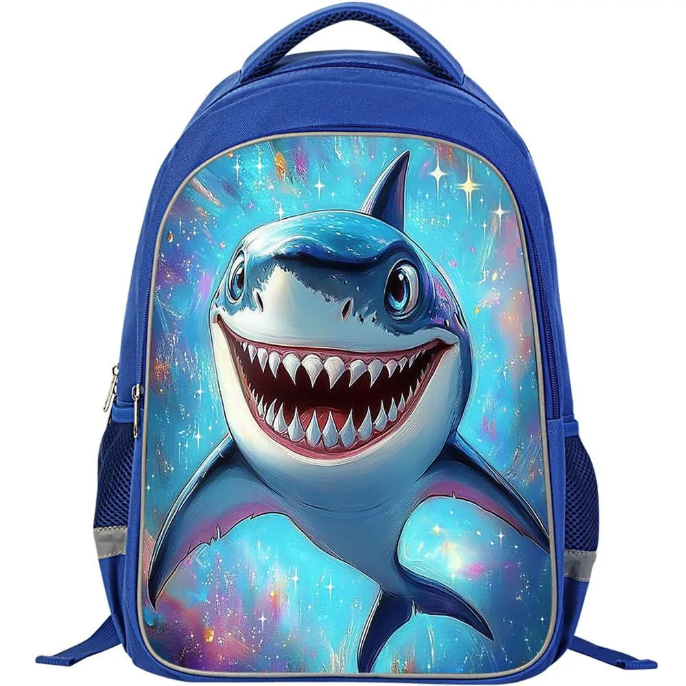 Blue polyester kids backpack with smiling shark galaxy print, reflective strips, padded straps, 17.3 inch laptop compartment
