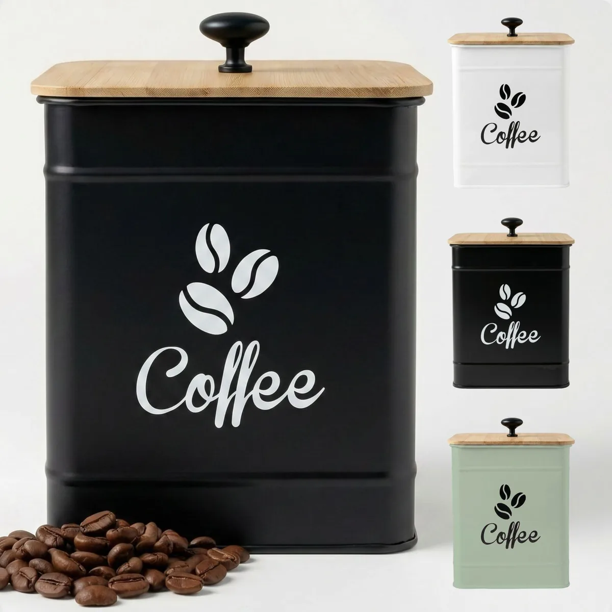 Matte black metal canister with bamboo lid, square 5.9 by 7.8 inches