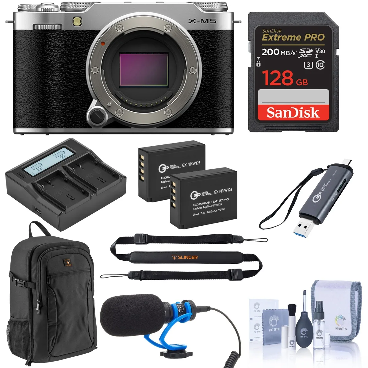 FUJIFILM FUJIFILM X-M5 Silver Bundle 128GB Card 2x Battery Mic Reader Backpack compact mirrorless camera — product photo