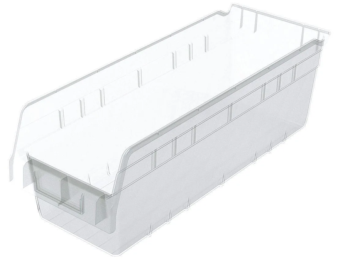 Clear plastic shelf storage bin, rectangular, 17 7/8 in long, molded label area