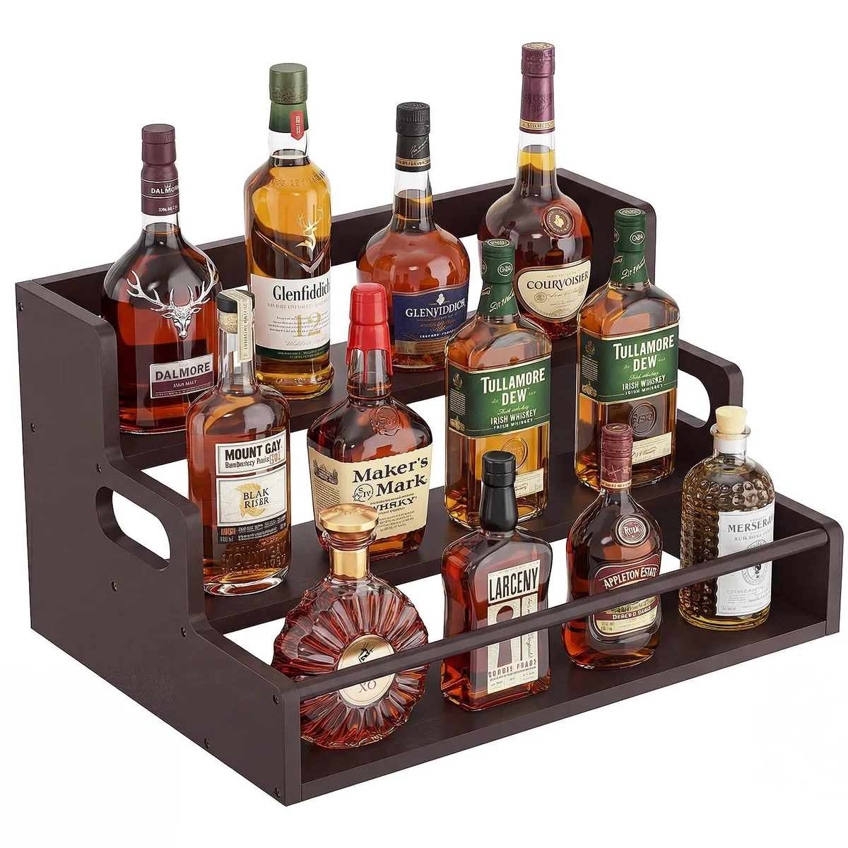 Three-tier bamboo bottle shelf, dark brown finish, holds twelve bottles