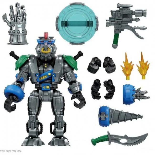 Robotic Bebop action figure in purple and yellow armour, standing pose with interchangeable hands and weapons
