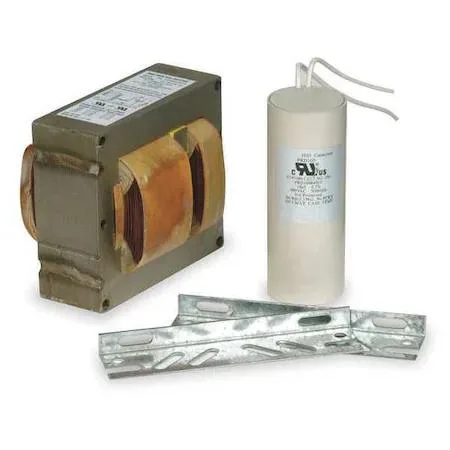 Rectangular metal HID ballast kit with mounting tabs and wire leads