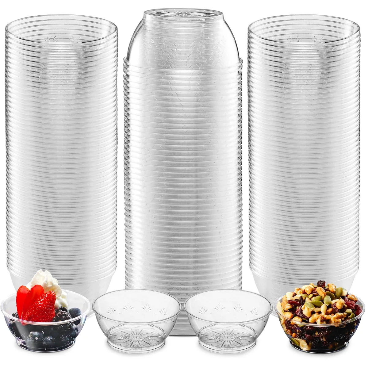 Stack of 100 clear round plastic bowls in two sleeves of 50