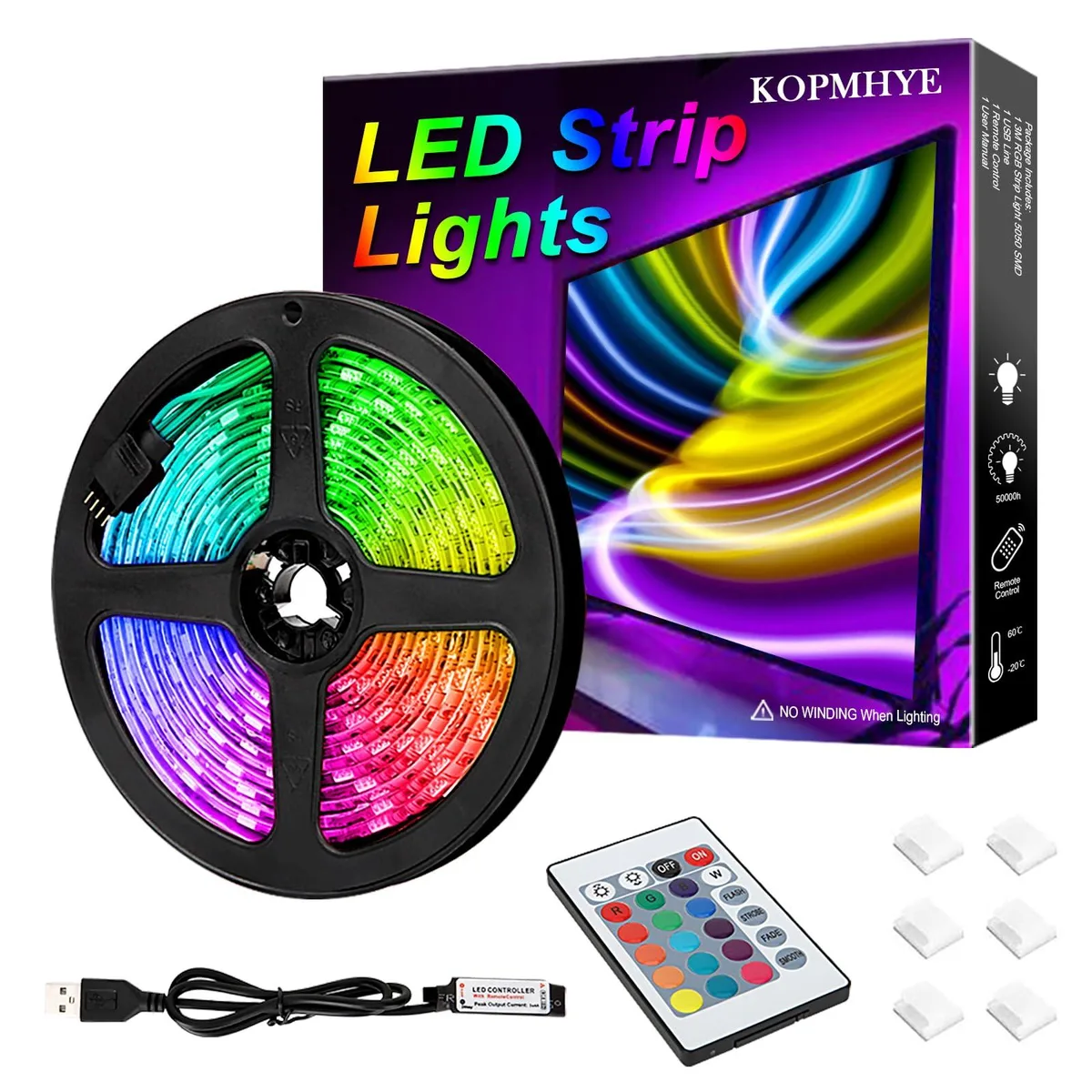 Flexible 10ft RGB LED strip, rectangular orange plastic, 180 LEDs, remote control
