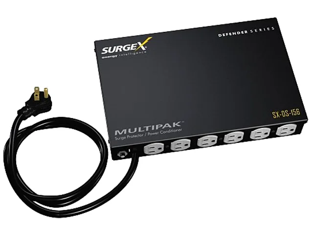 Rectangular surge protector with six NEMA 5-15R outlets, matte black finish, mounting brackets visible