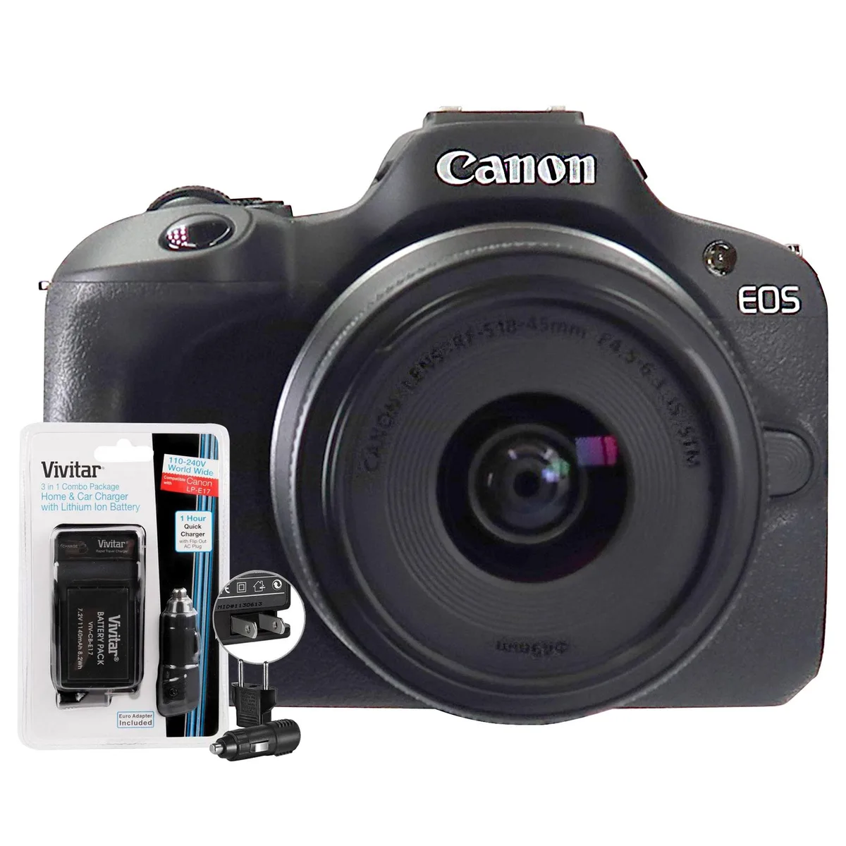 Canon Canon EOS R100 mirrorless camera with RF-S 18-45mm IS STM lens and spare battery charger — product photo