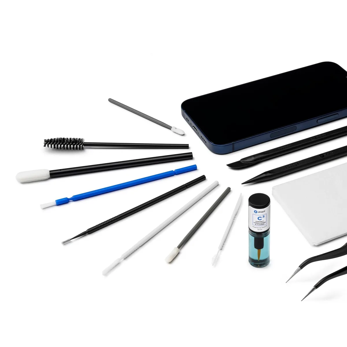 Compact Metra cleaning kit with spudgers, tweezers, brushes, swabs and wipes in a small case