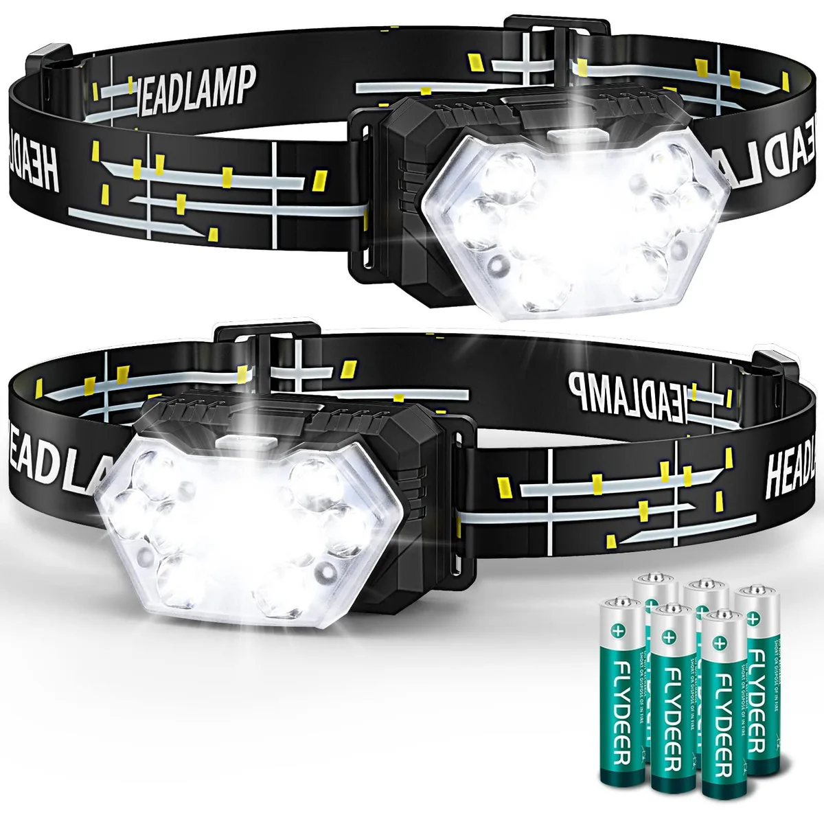 Two compact rectangular headlamps with polar fleece straps and nine LED arrays each