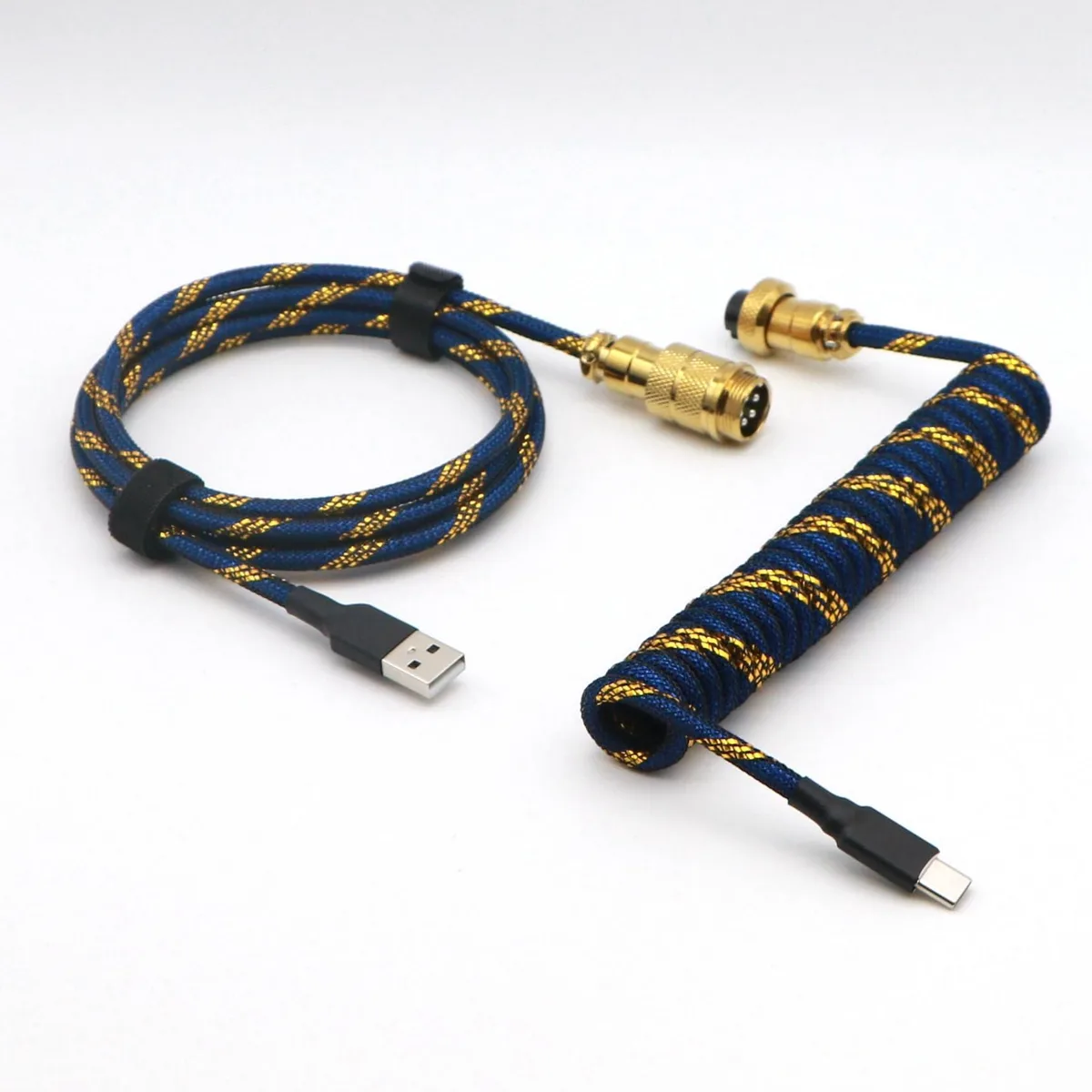 Gold-blue coiled USB-C to USB-A cable with metal GX16 aviator connector, double-sleeved, 1.5 m