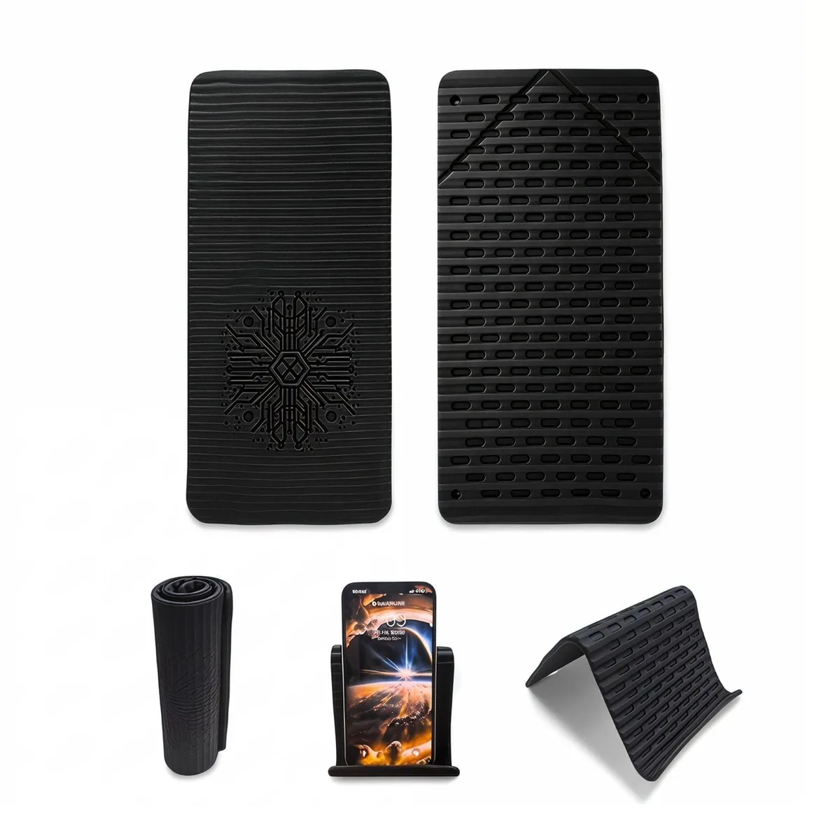 Black foldable phone stand, slim rectangular shape, matte finish