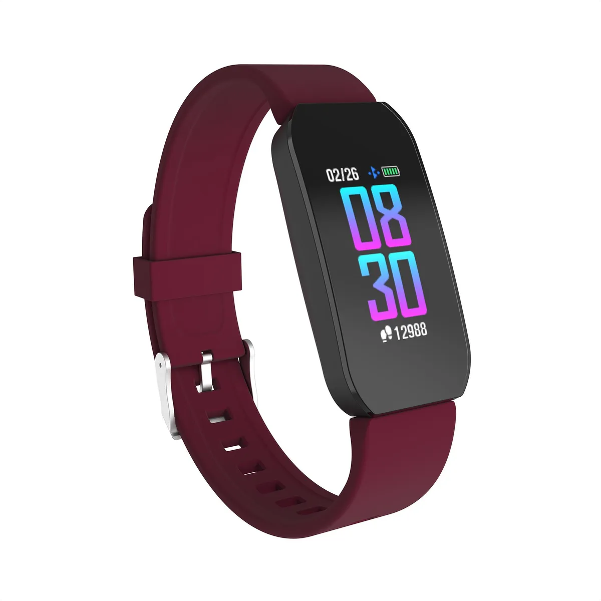 Burgundy slim fitness tracker with touch screen and IP68 waterproof rating