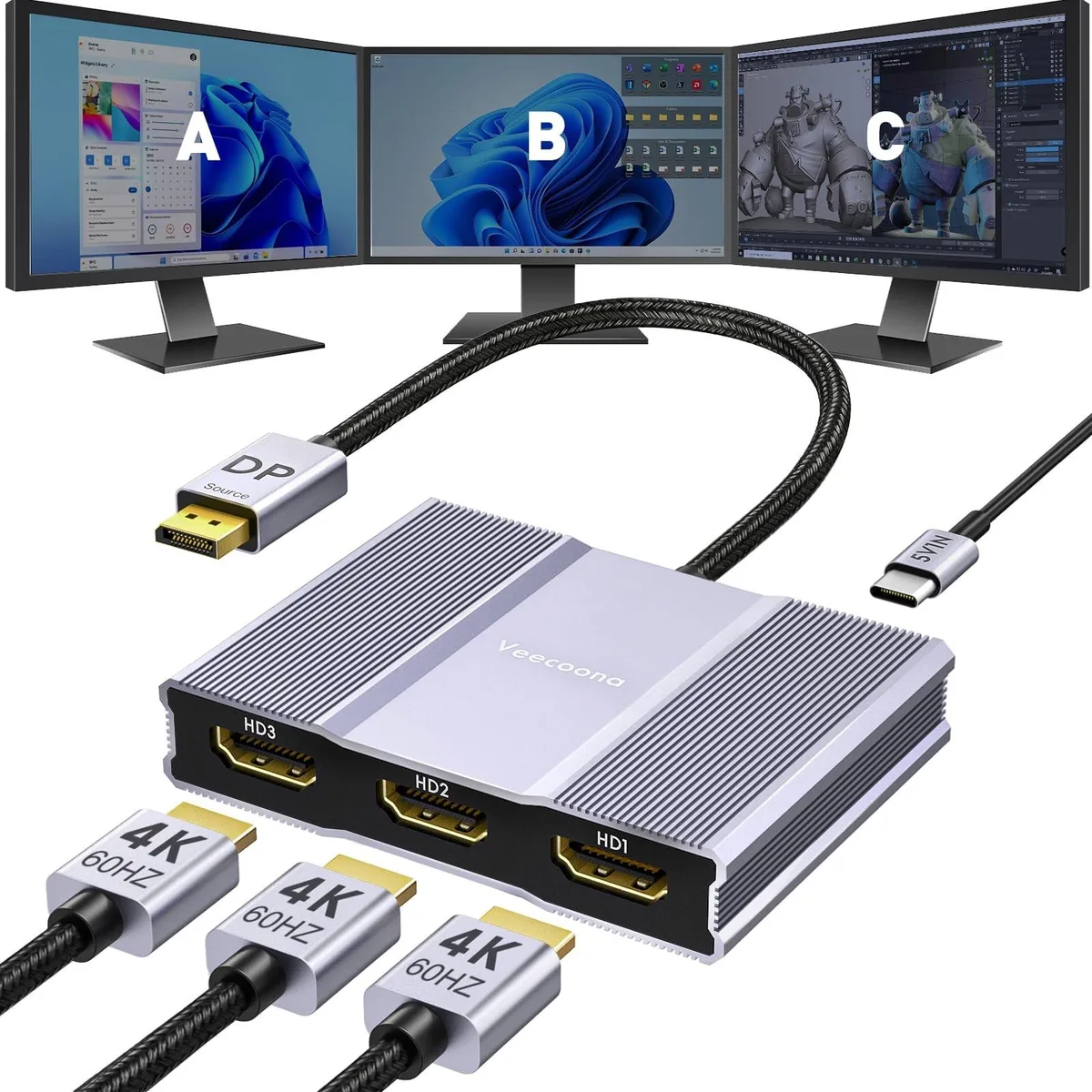 Bolton Technical Bolton Technical DisplayPort to HDMI MST Hub 1 in 3 Out 4K 60Hz 2 in 1 accessory — product photo
