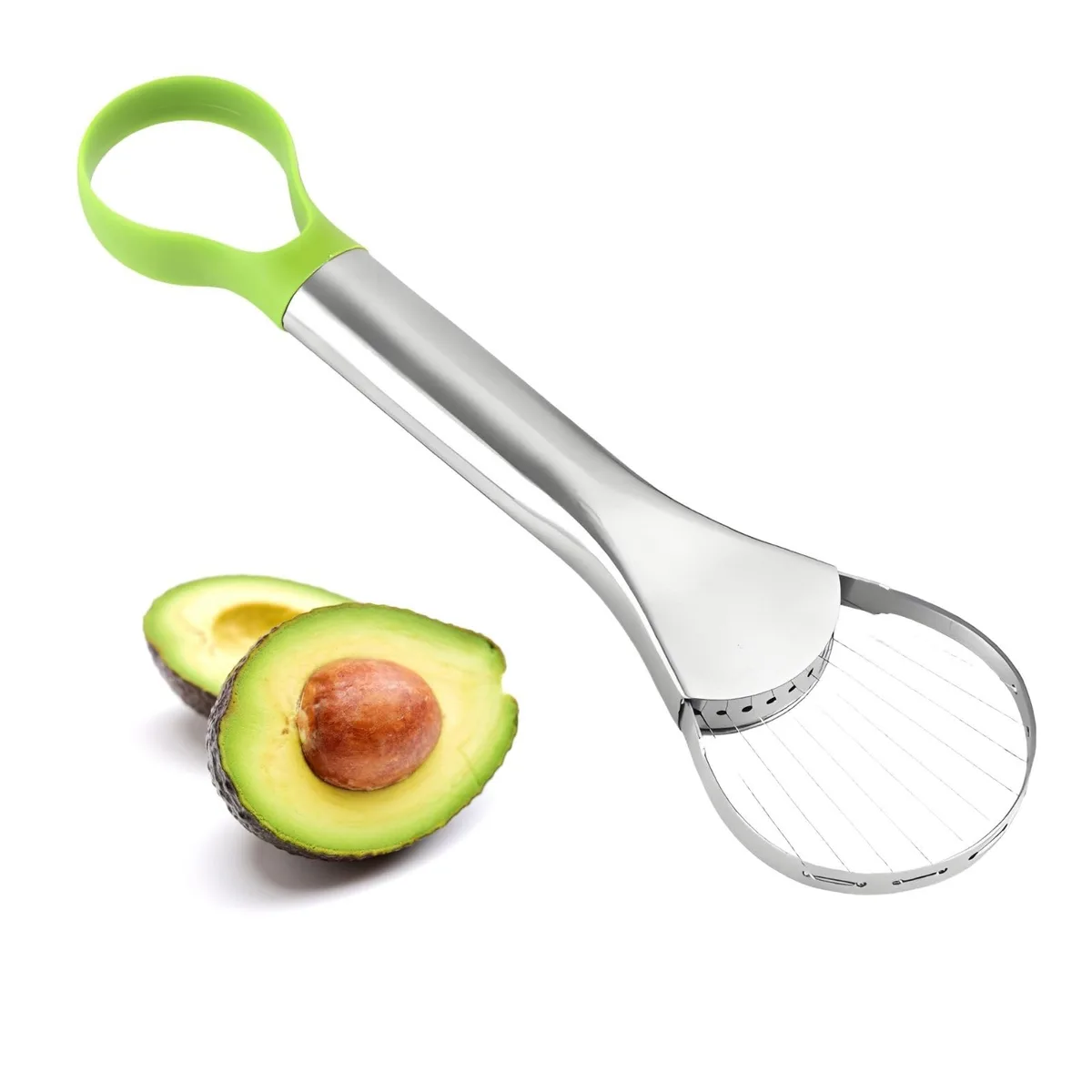Green plastic-handled avocado tool with stainless steel wires and pitter, 9.4 inches long
