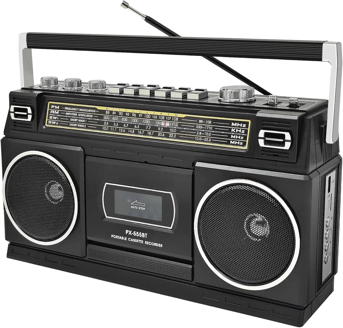  Cassette Player Boombox Bluetooth AM/FM/SW USB Record 24W Black — product photo