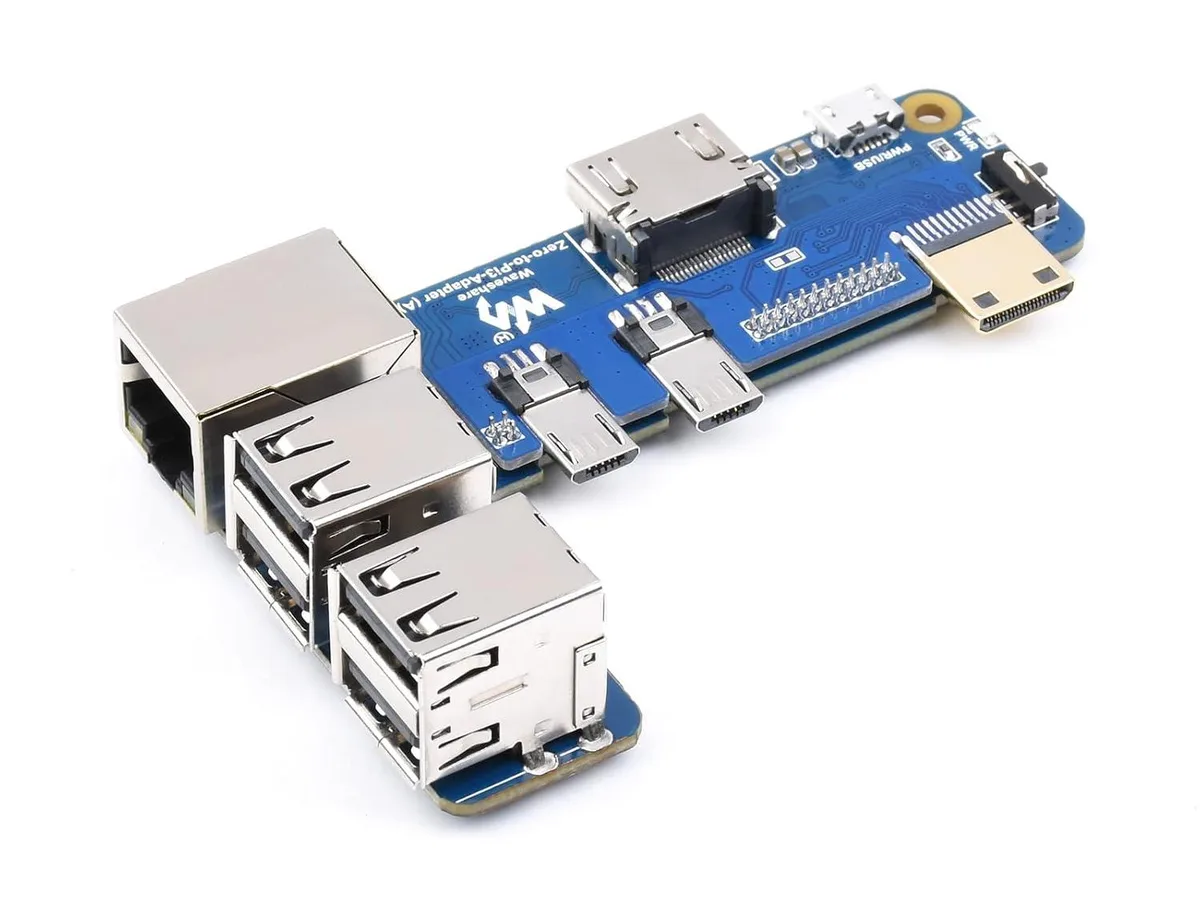 Green rectangular adapter board with four USB ports and one RJ45 jack
