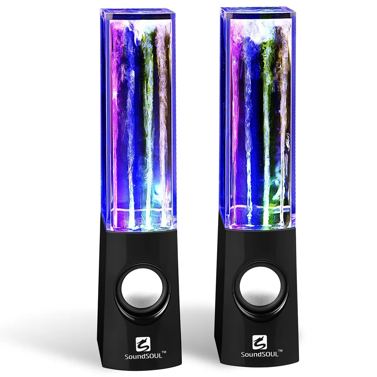 Black acrylic portable speakers with illuminated water fountains and 3.5mm audio plug