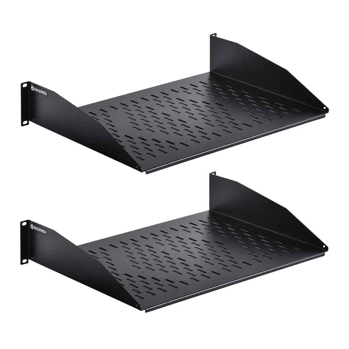  RackPath 2U Cantilever Rack Shelf 14in Deep 55lbs 2 Pack — product photo
