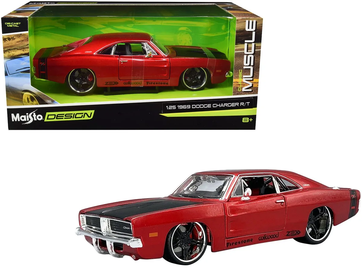 Maisto Maisto 1969 Dodge Charger R/T Red Metallic Black Hood Stripes 1/25 Diecast — product photo