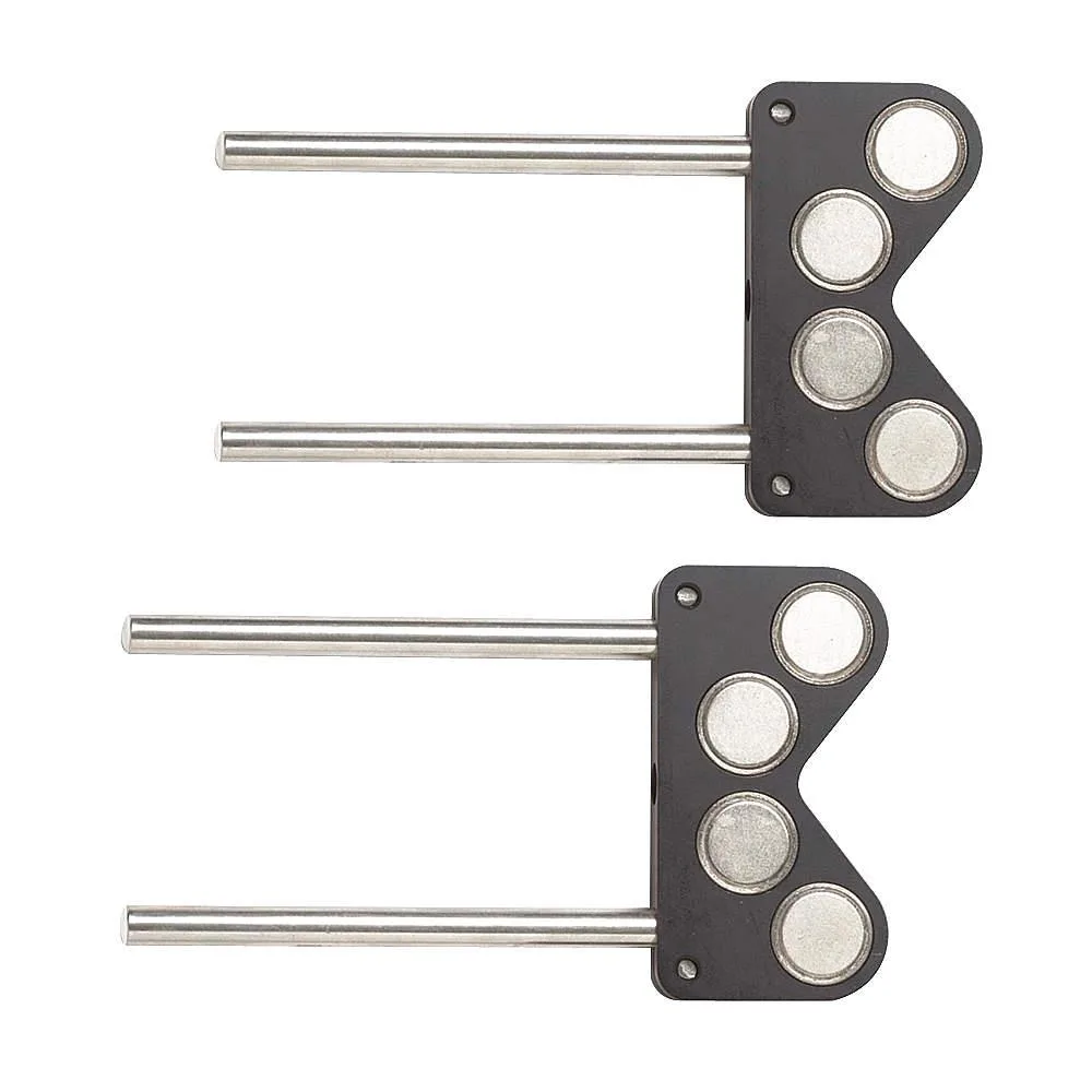 Two silver magnetic brackets for Fluke 830 laser alignment tool, rectangular shape with curved edges, matte metal finish