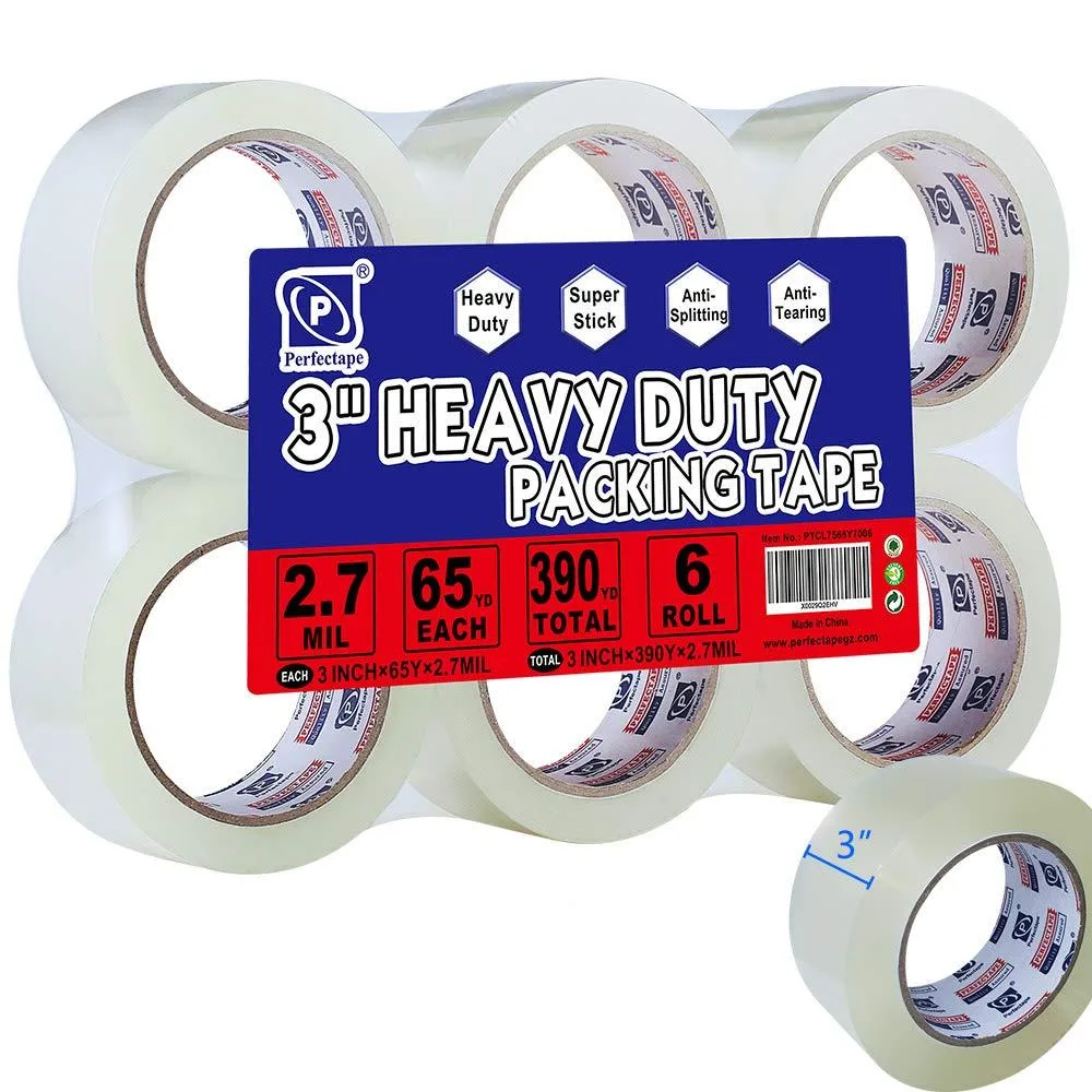 Six clear packing tape rolls three inches wide on white cores