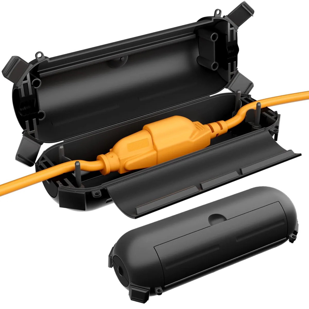 Two small black rectangular boxes with hinged lids and rubber-sealed cable ports