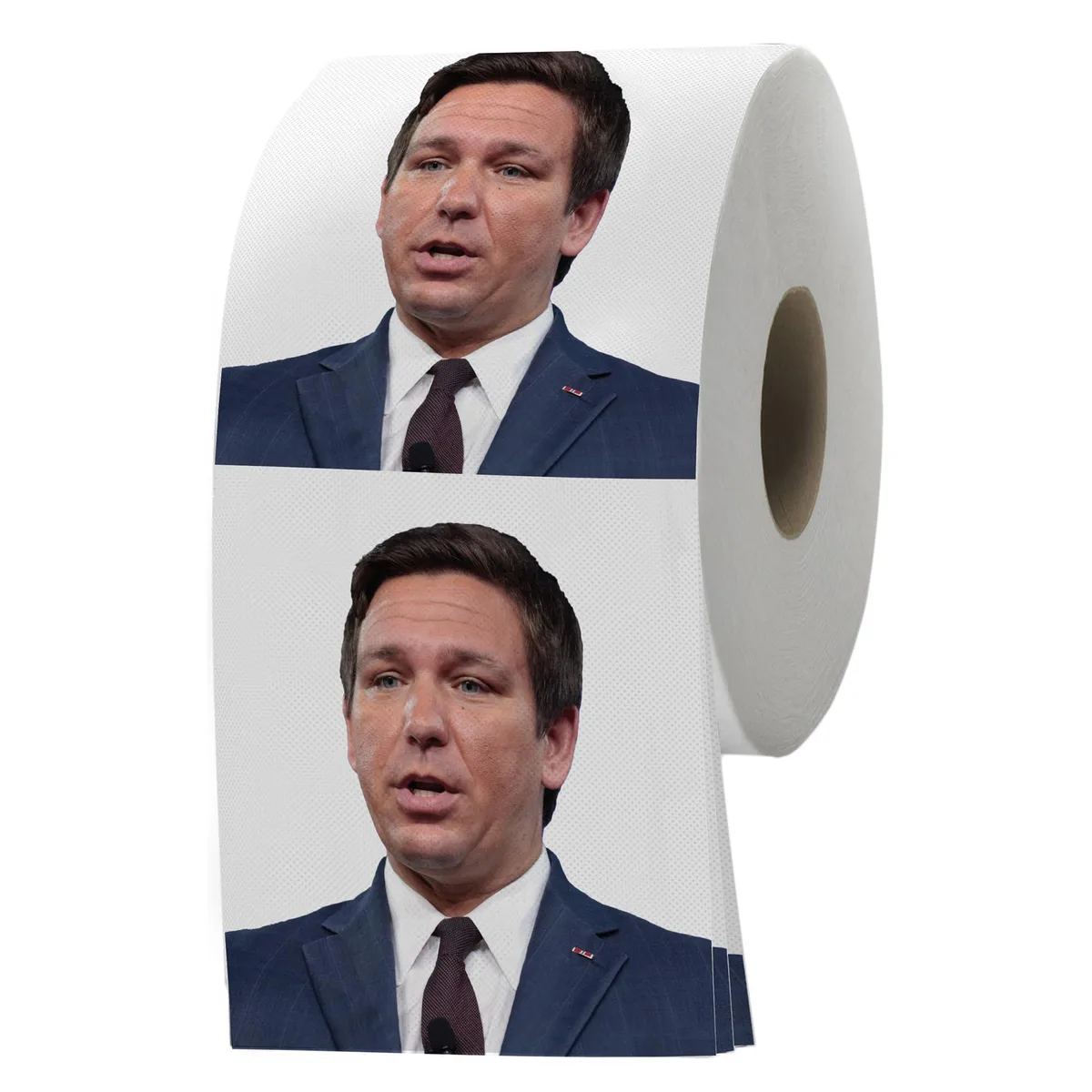 White toilet paper roll printed with full-colour Ron DeSantis images, 2-ply, 200 sheets, 4.02 x 3.54 x 3.46 inches