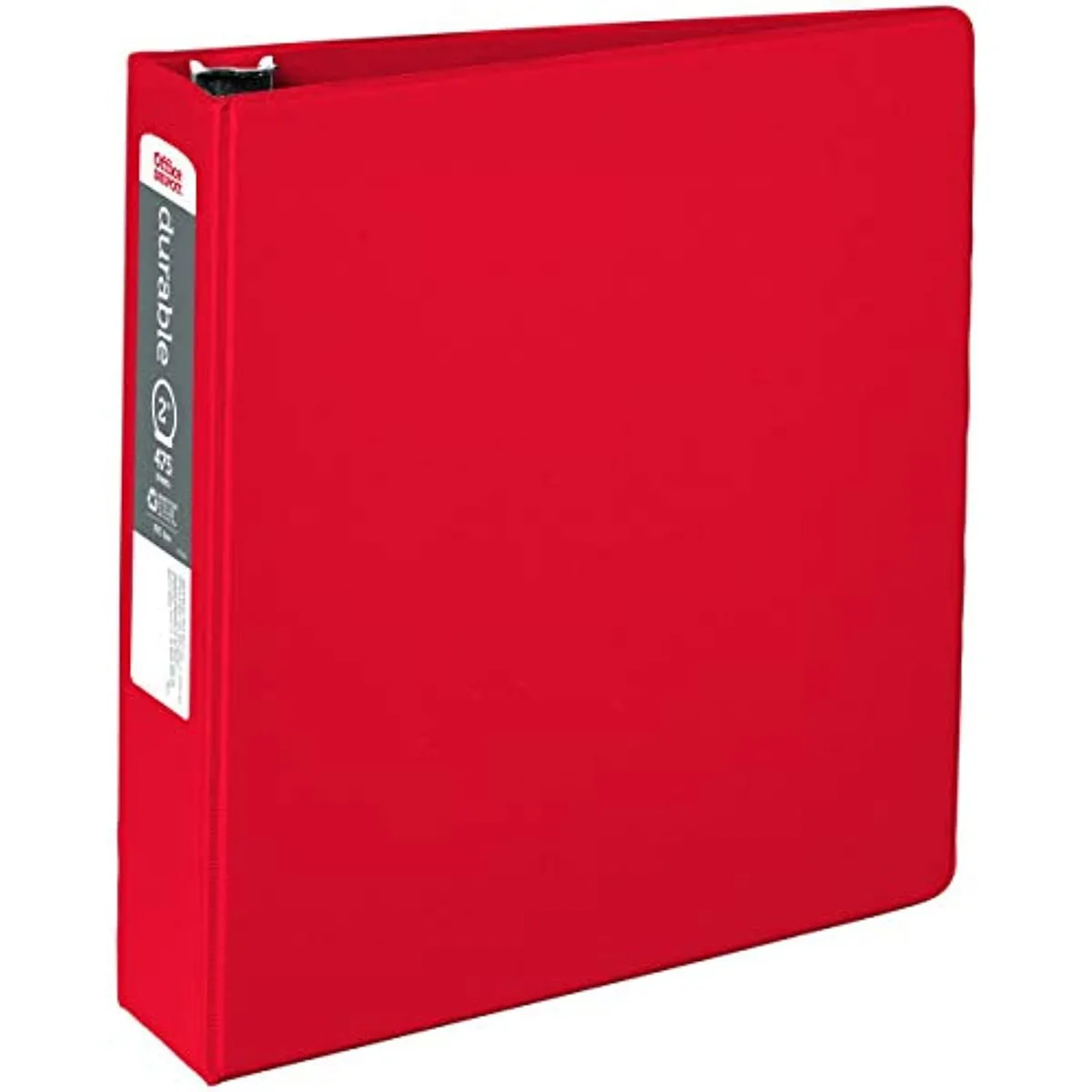 Red 2-inch ring binder with textured polypropylene cover and interior pockets