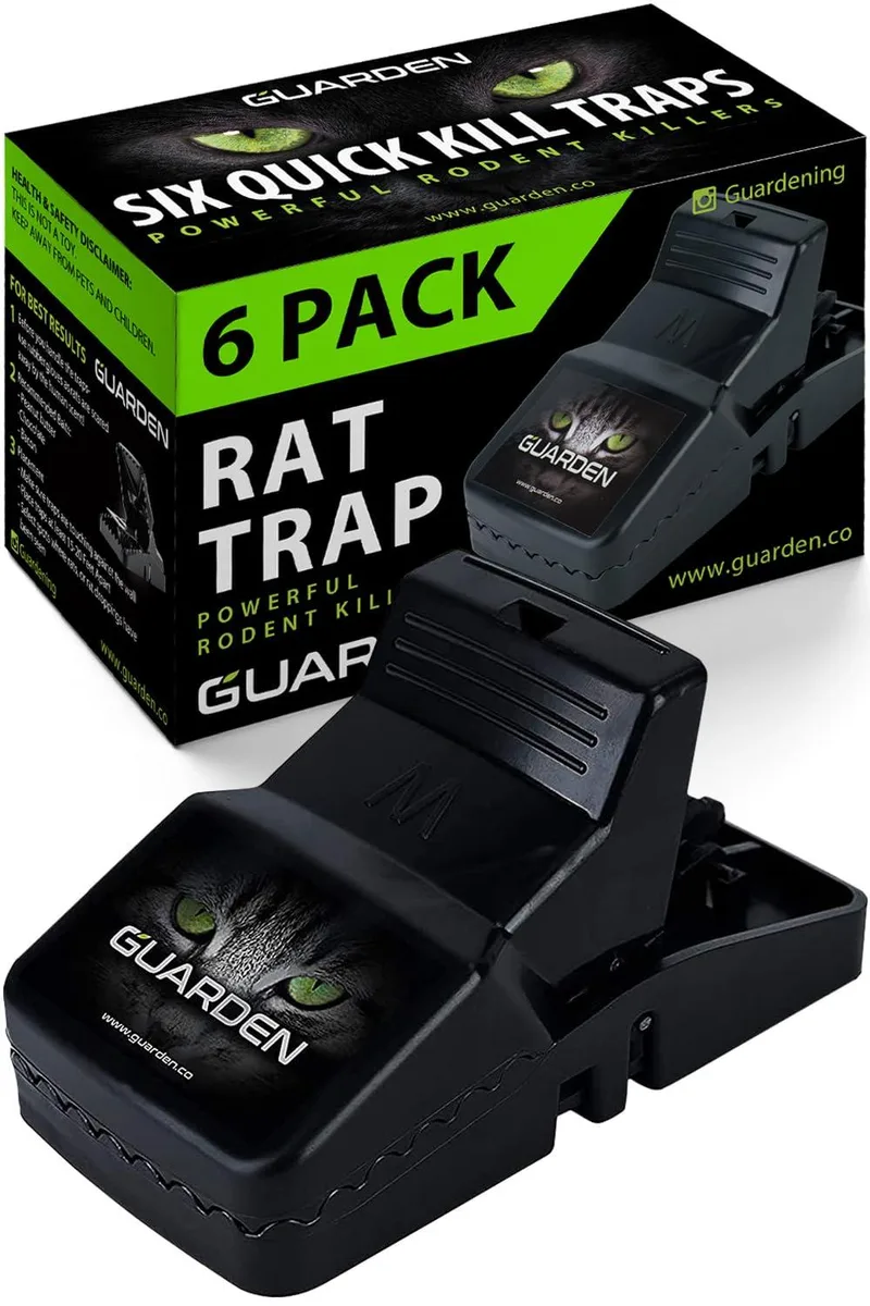 Six reusable rat traps, plastic, neutral colours, bait cups visible