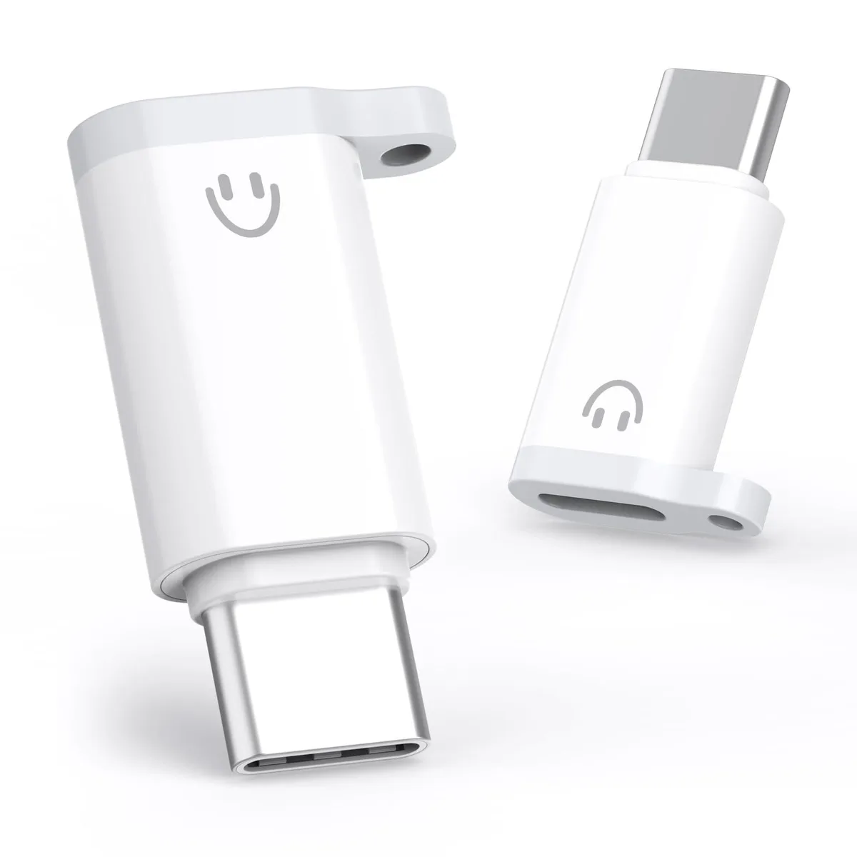 Two white USB-C to Lightning audio adapters with matte finish and anti-lost cords