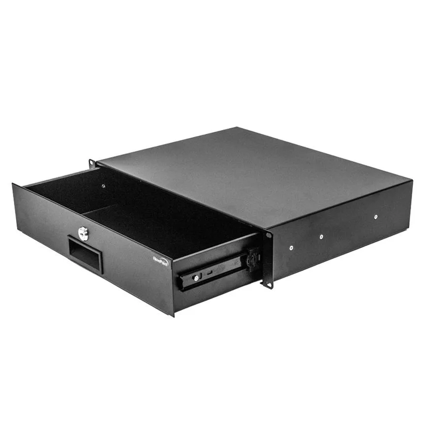 Black 2U rack drawer with recessed handle and key lock