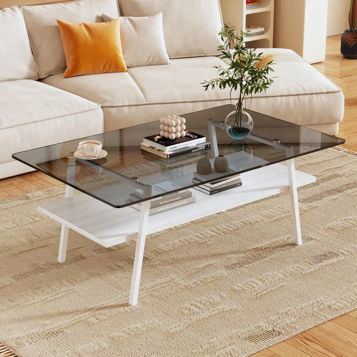 tuphen tuphen Rectangle Coffee Table Gray Tempered Glass White Metal Legs 38.58"L 22.84"W 16.73"H 220lbs — product photo
