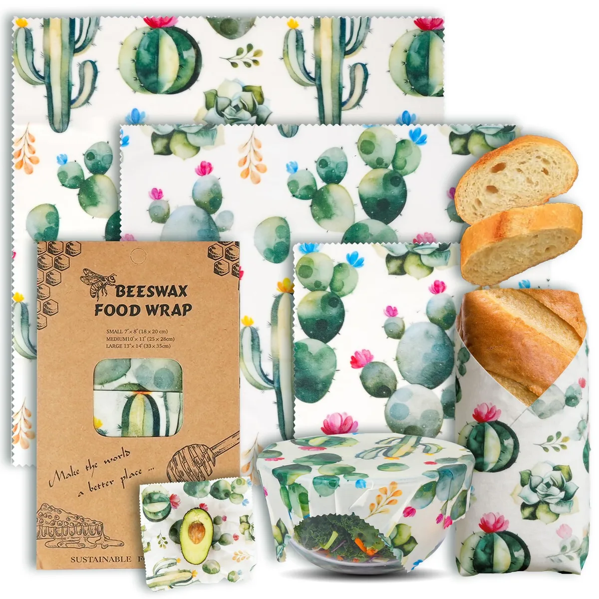 Three green beeswax food wraps in small medium large sizes