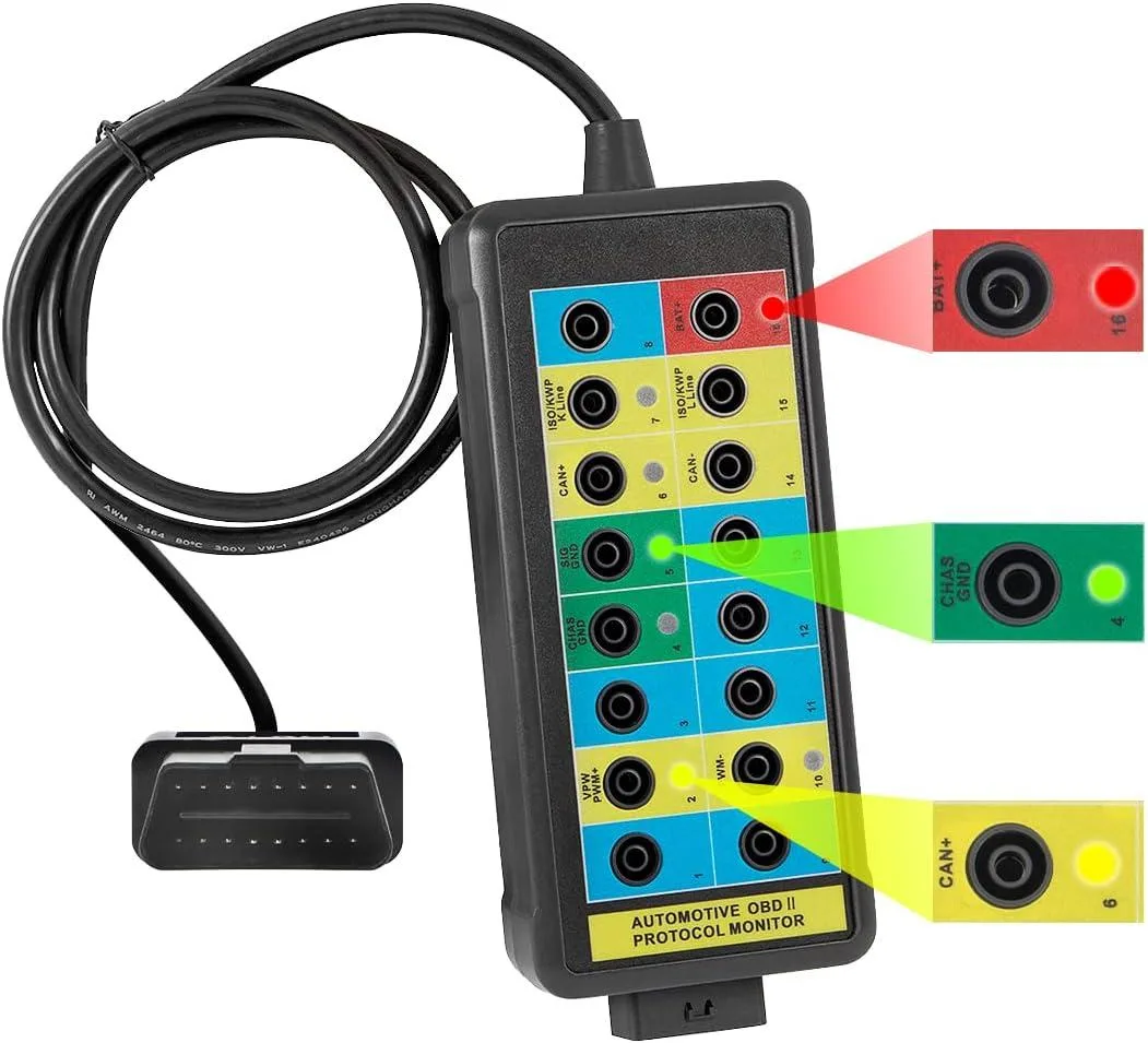 Black rectangular breakout box with 16-pin OBD2 connector, yellow green red LEDs, 90cm cable