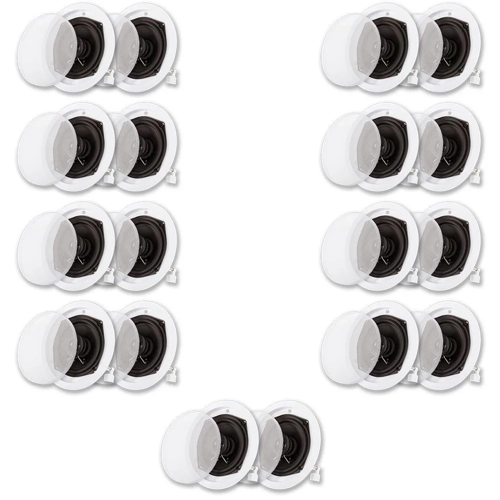Eighteen white round in-ceiling speakers with removable grilles