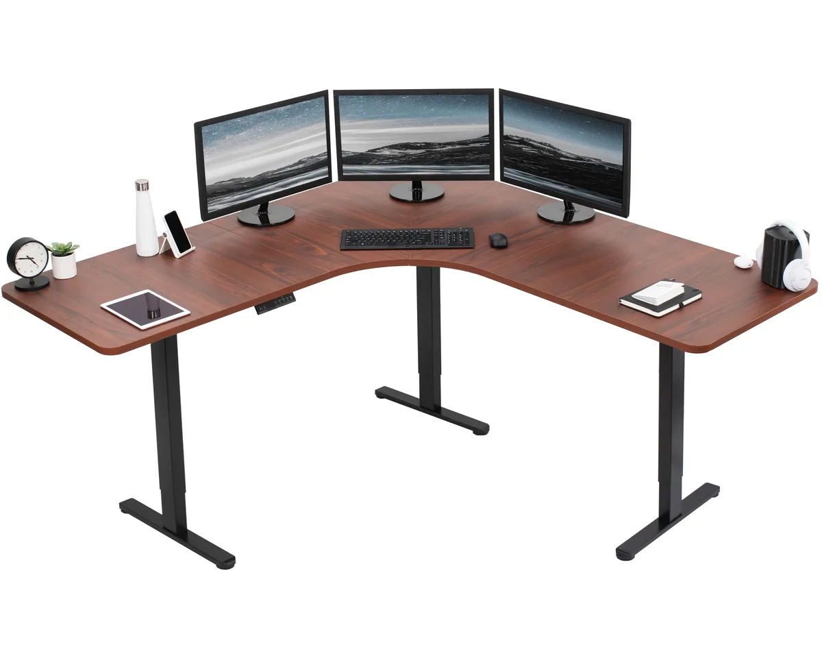 VIVO VIVO Dark Walnut/Black Electric Curved Corner Desk 71" x 71 — product photo