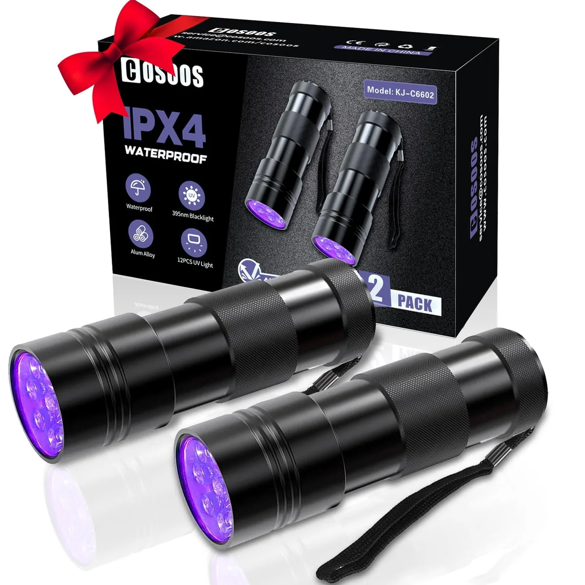Two black rectangular aluminium flashlights, each 3.7 by 1.1 by 1.2 inches, 12 UV LEDs, 395 nm wavelength